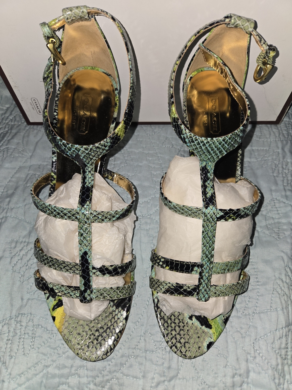 Coach Green Snake-Print Strappy Heels with Gold Insole - Picture 2 of 5